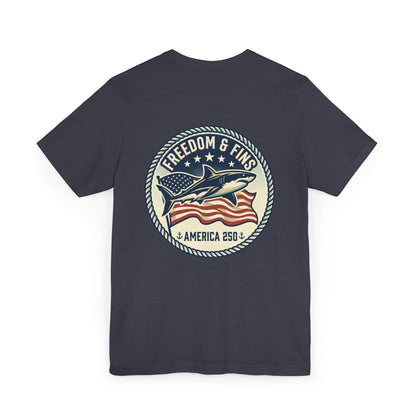 Freedom & Fins Shark T-Shirt — America 250 Patriotic Fishing Tee