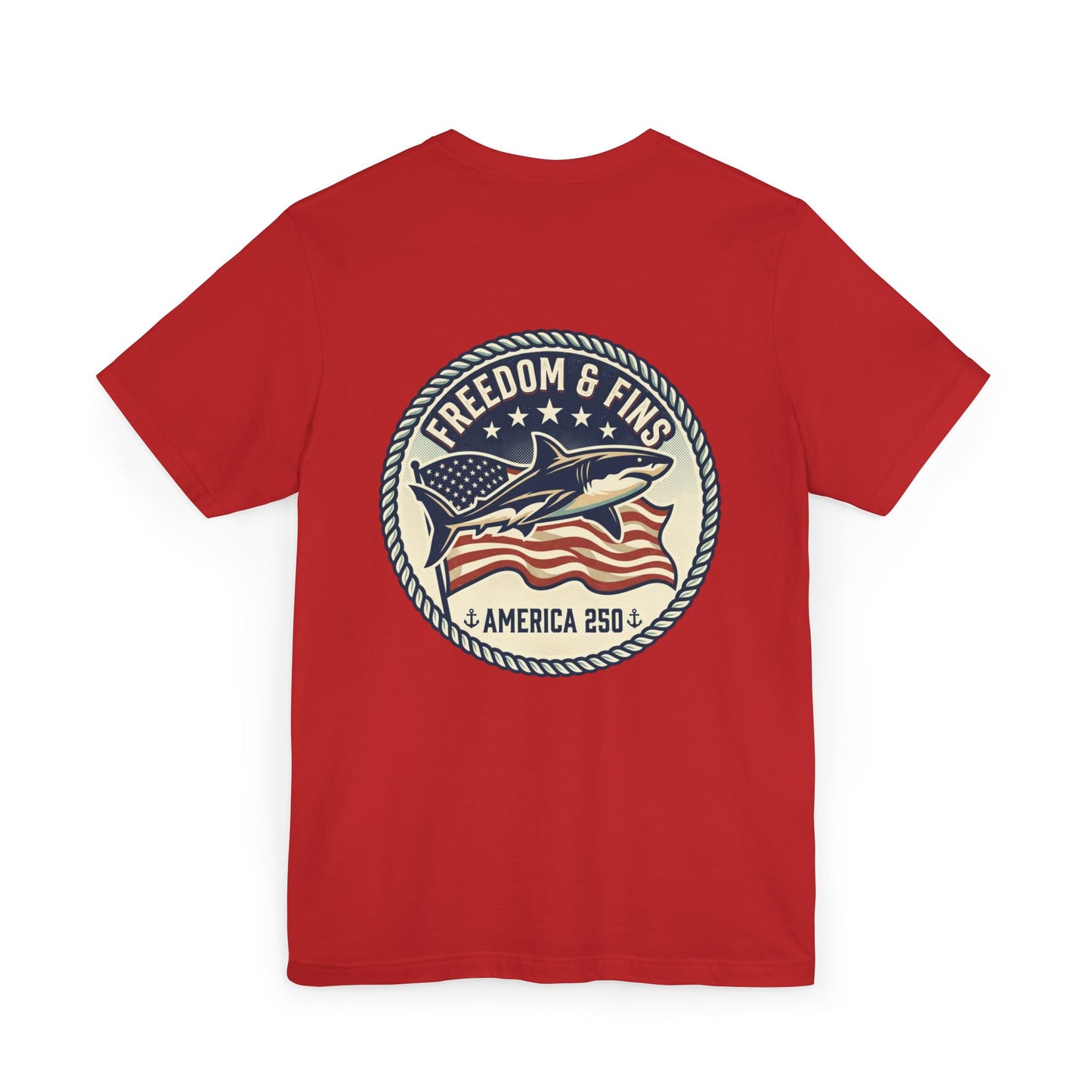Freedom & Fins Shark T-Shirt — America 250 Patriotic Fishing Tee