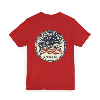 Freedom & Fins Shark T-Shirt — America 250 Patriotic Fishing Tee