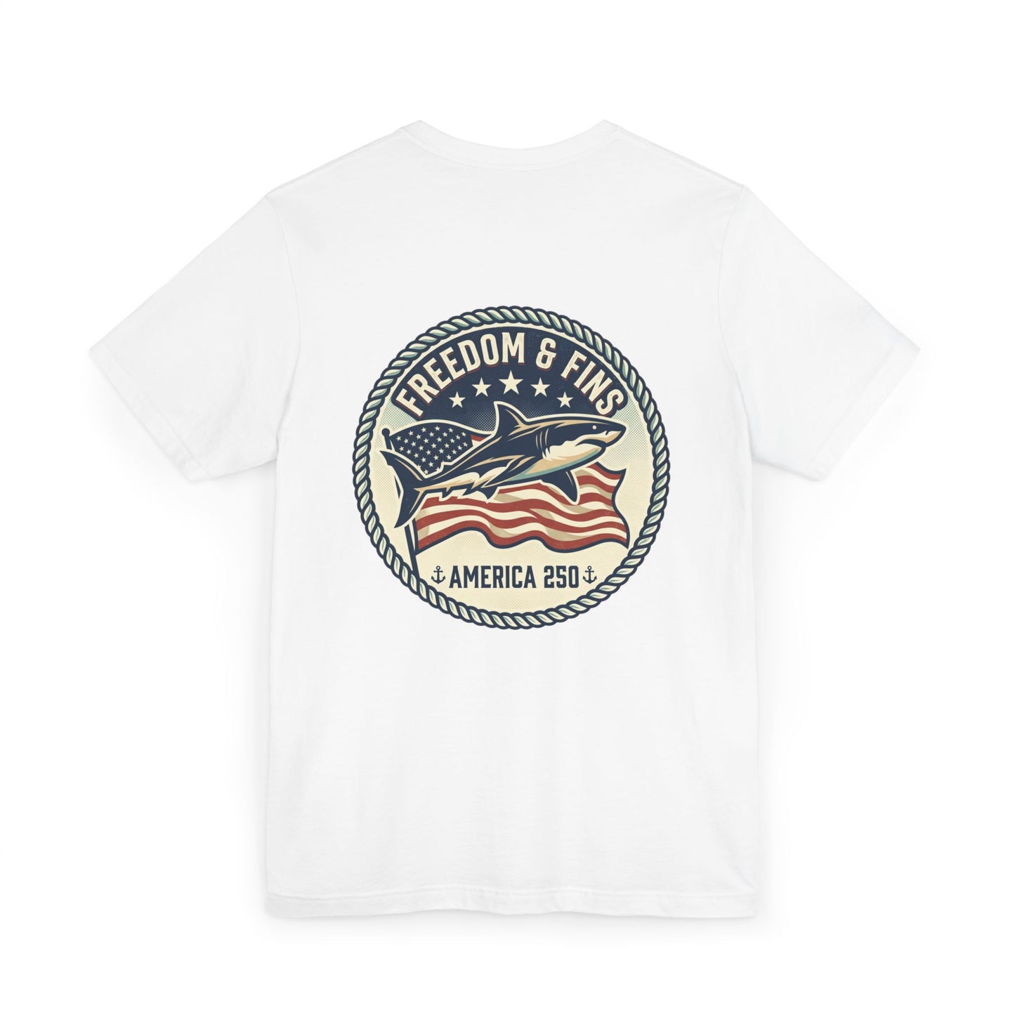 Freedom & Fins Shark T-Shirt — America 250 Patriotic Fishing Tee