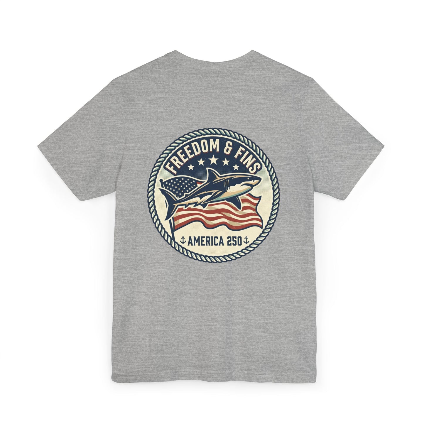 Freedom & Fins Shark T-Shirt — America 250 Patriotic Fishing Tee