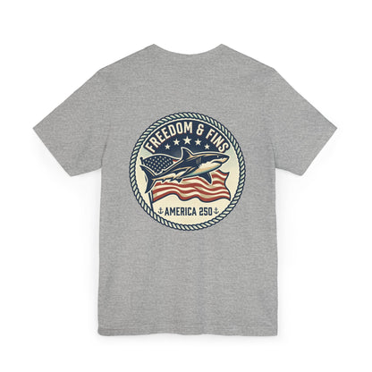 Freedom & Fins Shark T-Shirt — America 250 Patriotic Fishing Tee